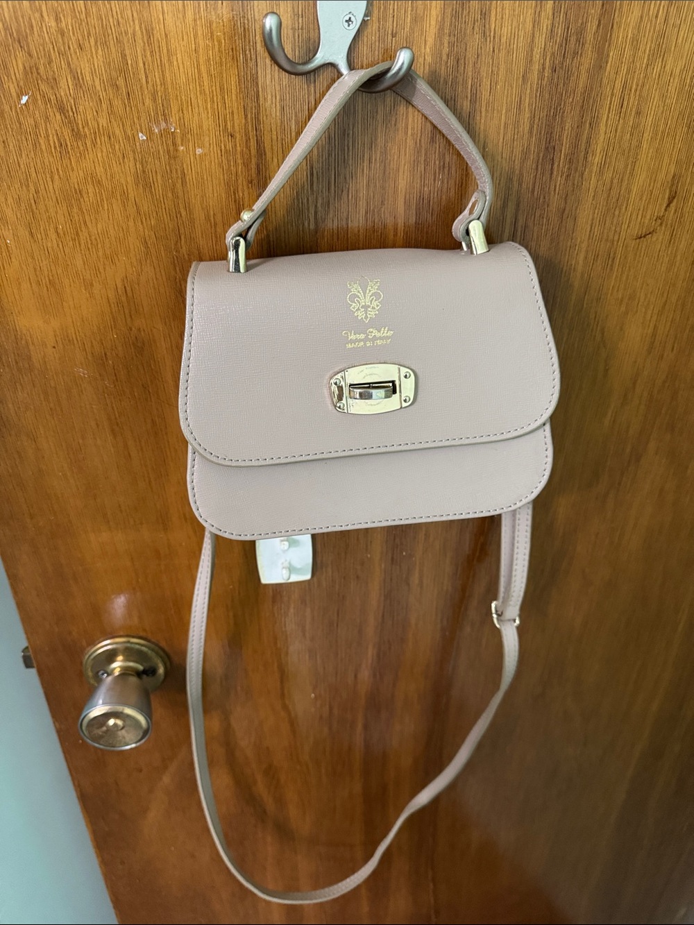 Vera Pelle Taupe Top-Handle Crossbody Bag with Gold Hardware